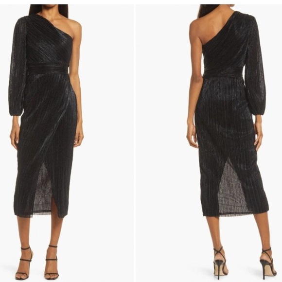 REVOLVE- SAYLOR- Alora Plisse One Shoulder MIDI Dress Black Metallic Size Medium - Picture 2 of 7